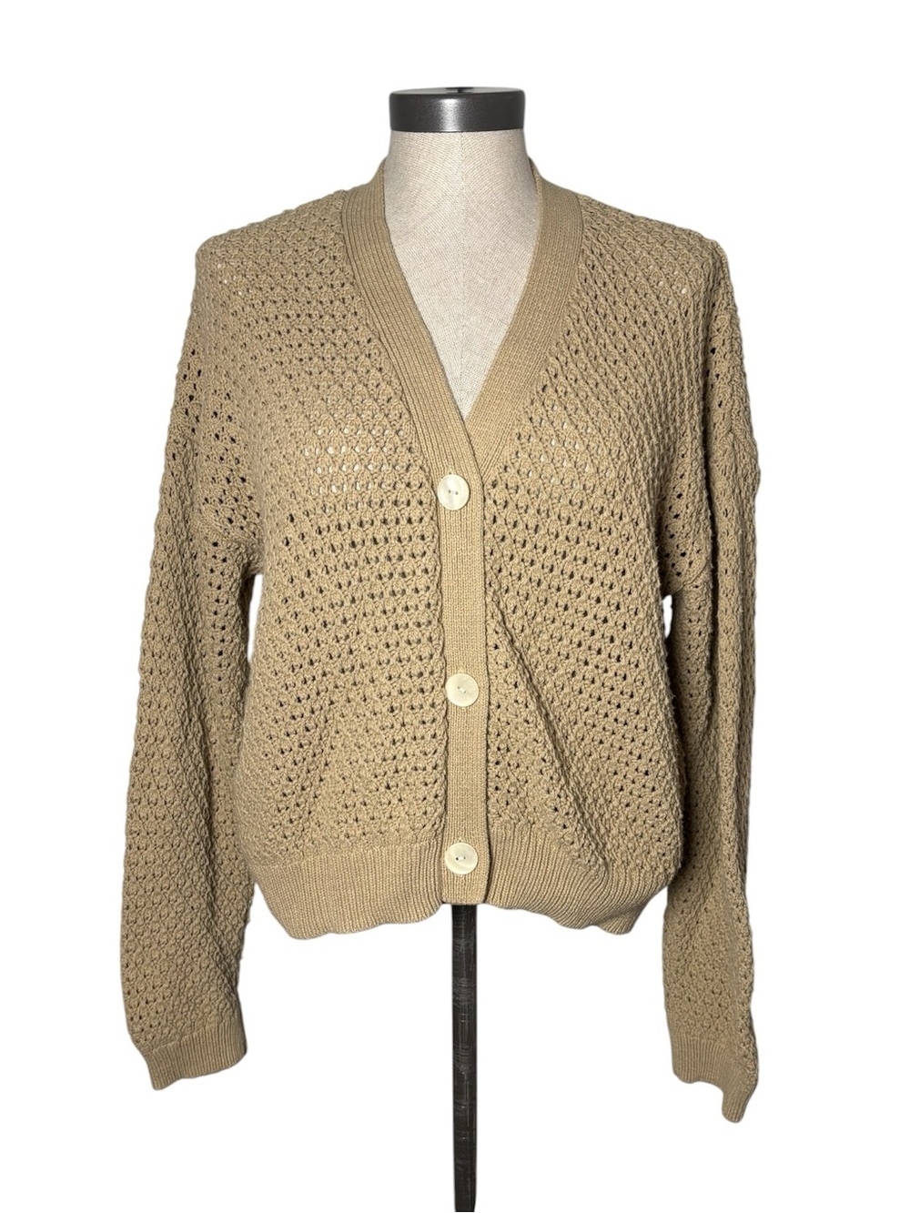 Madewell Tan Crochet Knit Cotton Cardigan Sweater Large Cottagecore Boho
